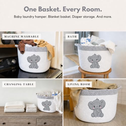 Elephant Baby Storage Basket, Woven Cotton Rope Nursery Bin, 15x11 in - color: Neutral Elephant