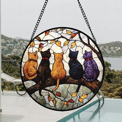 5 Cats on a Branch Stained Glass Window Hanging Suncatcher Gifts 15" - color: Black, size: 14.9x14.9 IN