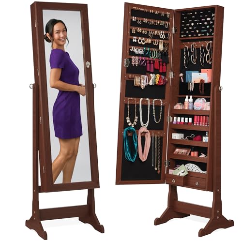 Best Choice Products Freestanding Jewelry Armoire Cabinet, Full Length Standing Mirror, Lockable Makeup Storage Organizer, w/Velvet Lining, 3 Angles, Lock, Accessory Pouch, 5 Shelves - Walnut - color: Walnut