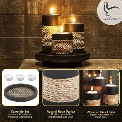 IYARA CRAFT Candleholder Set with Tray, Set of 3 Rustic Black Wooden Tealight Candle Holders with Natural Rope Accent, Coffee Table Centerpiece, Farmhouse Home Decor, Housewarming
