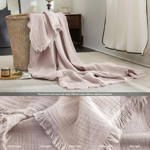 FOSSA Muslin Blanket: 4-Layer 100% Cotton Gauze Blanket with Fringe 98"x98" - color: Greyish Pink, size: Oversize Queen(98" × 98")