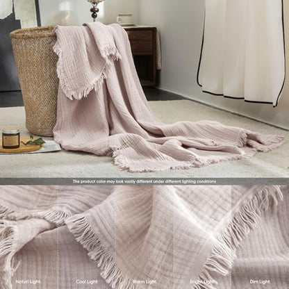 FOSSA Muslin Blanket 4-Layer 100% Cotton Gauze Blanket with Fringe 108"x98" - color: Greyish Pink, size: Super King(108" × 98")