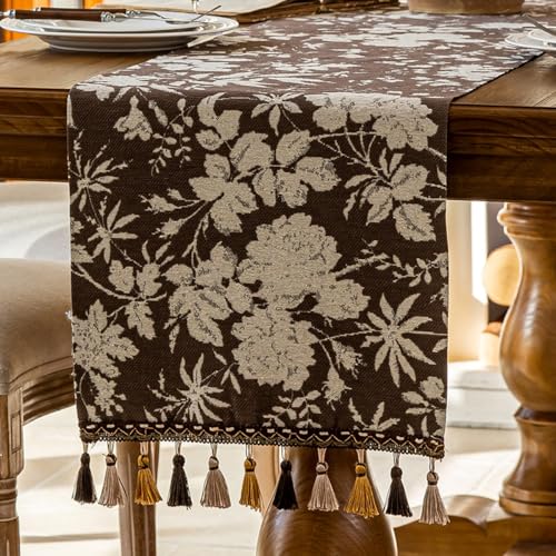 Floral Dark Brown Botanical Table Runner 13 x 48 Inch - color: Floral Coffee, size: 13" x 48"