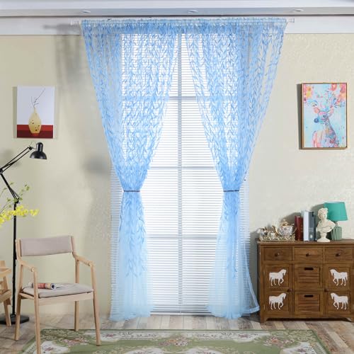 Ufurty 2pcs Willow Leaf Window Curtain Voile Tulle Vine Sheer Curtains - color: Blue Leaf, size: 39.4"W x 78.7"L (Pack of 2)
