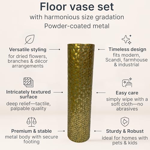 Leewadee Set of 2 Large Floor Vases Metal for Pampas Grass - color: Gold