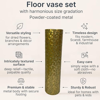 Leewadee Set of 2 Large Floor Vases Metal for Pampas Grass - color: Gold
