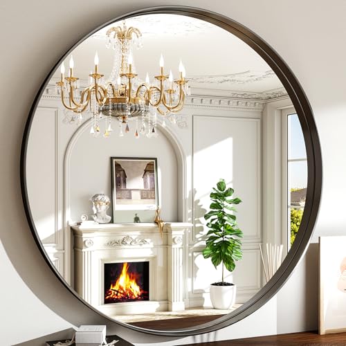 48 Inch Round Bathroom Mirror - Wall Mounted Circle Mirror with Metal Frame, Modern Mirror Suitable for Bathroom, Vanity, Entryway, Living Room, Wall Decor,Black - color: Black, size: 48"L x 48"W