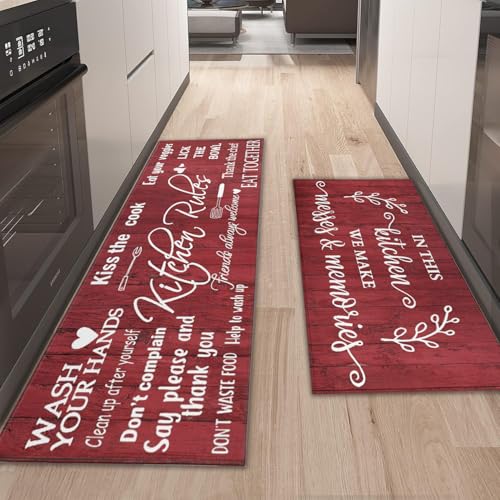 Farmhouse Kitchen Rug Sets of 2 Piece Non Slip Kitchen Rugs and Mats Washable Kitchen Mats for Kitchen Floor Mat Carpet Runner Rugs for Hallway Laundry Decor 17"x30"+17"x47" - color: Kitchen Rules-red, size: 17" x 30" + 17" x 47" (Set of 2)