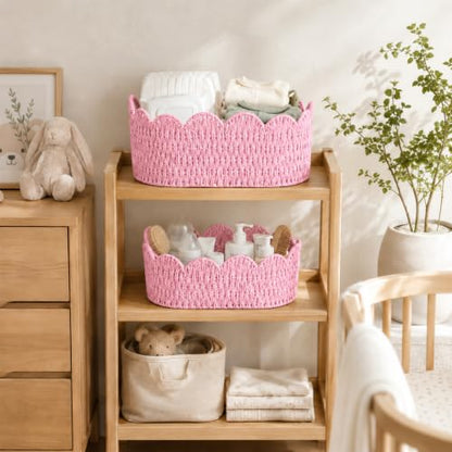 Endymion Set of 2 Paper Rope Scalloped Basket, Wicker Storage Baskets Pink - color: Pink