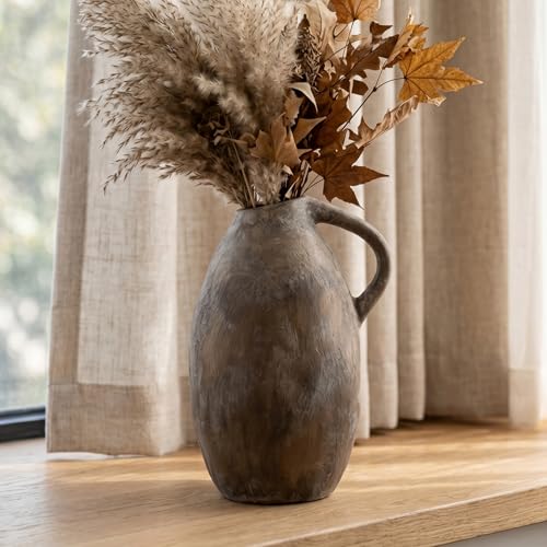 Rustic Ceramic Vase with Handle, 10.3 Inch, Handmade Decor, Brown - color: Brown