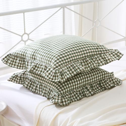 Mywinlle Sage Green Gingham Plaid Ruffle Throw Pillow Covers 18"x18" - color: Green Plaid, size: 18" x 18" (Pack of 2)