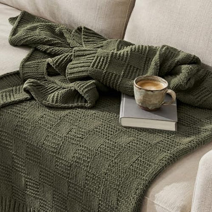 EVERGRACEHOME Modern Checkered Chenille Throw Blanket, 60x80, Olive Green - color: Olive Green, size: 60" X 80"