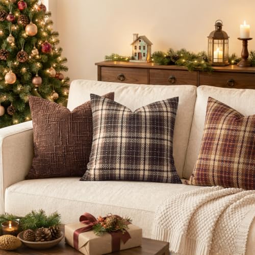 MIULEE Tartan Plaid Throw Pillow Covers Fall 20x20 Inch Coffee Brown - color: Coffee, size: 20" x 20" (Pack of 2)