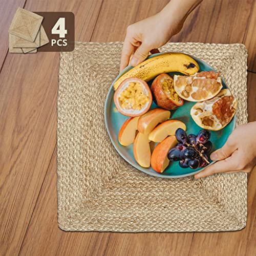 Revive Jute Placemats Set of 4-14 x 14 inch Square Natural Table Mats, Boho Heat Resistant Rustic Farmhouse Kitchen countertop & Wooden Dining Table