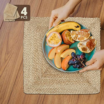 Revive Jute Placemats Set of 4-14 x 14 inch Square Natural Table Mats, Boho Heat Resistant Rustic Farmhouse Kitchen countertop & Wooden Dining Table