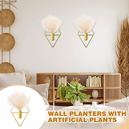 Jexine 2 Pcs Boho Wall Hanging Planters Decor Metal Triangle, Gold, Pampas