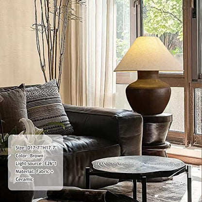 Farmhouse Ceramic Table Lamp Rustic Clay Pot Table Lamps Brown Ceramic Lamp Body with White Drum Shade Decor Bedside Nightstand for Living Room Bedroom House