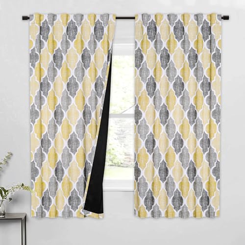 Beauoop Moroccan 100% Blackout Curtains Bedroom Yellow Grey 50x63 2 Panels - color: Rod Pocket | Yellow and Grey, size: 50"W x 63"L (Pack of 2)