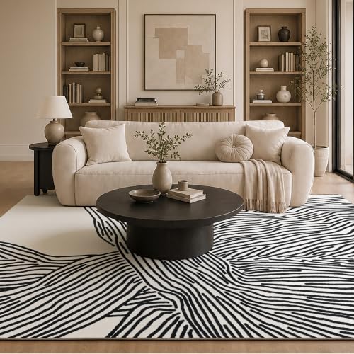 YIHOUSE 8×10 Ft Washable Rug, Black and White Abstract Area Rug for Bedroom Living Room Dining Room Office Playroom Nursery, Ultra Thin Nonslip Modern Large Rugs Soft Contemporary Striped Rugs - color: Modern Lines Beige, size: 8' x 10' (Rectangular)