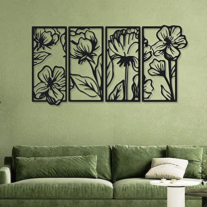 4 Pcs Black Metal Flower Wall Art Minimalist Floral Decor, Stylish - style: Stylish