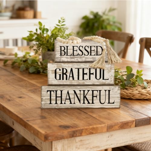 Yuntau 4 Pcs Farmhouse Table Decor Rustic Stacked Wooden Block Sign - style: Blessed