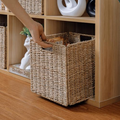 10.5 x 10.5in Cube Seagrass Storage Baskets, Foldable Square Wicker Storage Baskets for Shelves Set of 3, Large Cubby Rattan Basket, Collapsible Cube Storage Bins