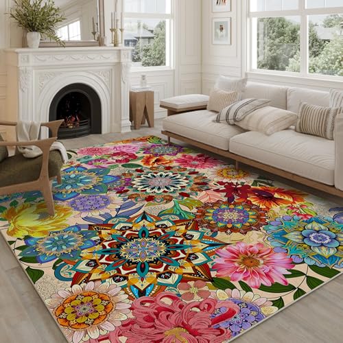 Boho Floral Rug for Living Room 5'x7', Non-Slip Machine Washable Farmhouse Floor Carpet Colorful Flowers Area Rugs for Bedroom Dining Room Boho Home Decor Aesthentic - color: Boho Floral, size: 5' x 7'