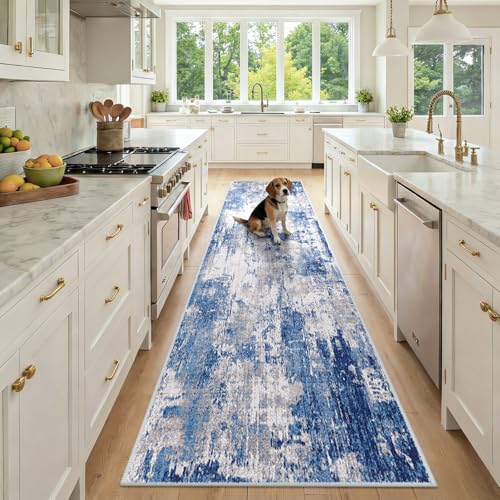 RELEANY Washable Runner 2'6"x10' Abstract Area Rug for Hallway Blue Gray - color: Blue/Gray, size: 2'6" x 10' (Runner)