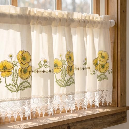 Molaxhome Beautiful Dazzling Embroidered Window Valance for Kitchen Decor - color: Yellow Lace, size: 58"W x 14"L (Pack of 1)