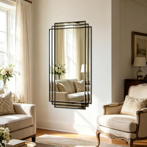 47"x24" Large Rectangle Beveled Mirror with Black Geometric Frame - color: Black, size: 47"L x 24"W
