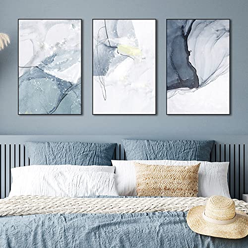Large Neutral Abstract Framed Canvas Wall Art Set of 3 - color: Blue and White