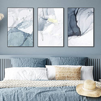 Large Neutral Abstract Framed Canvas Wall Art Set of 3 - color: Blue and White