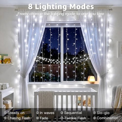 Ollny 200LED Curtain Lights 6.6ftx6.6ft, Cool White String Lights Plug in - color: Cool White, size: 200 LED