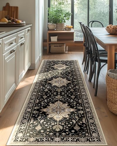 RELEANY Washable Area Rug, Runner 2'x8', Black/Neutral - color: Black/Neutral, size: 2' x 8' (Rectangular)