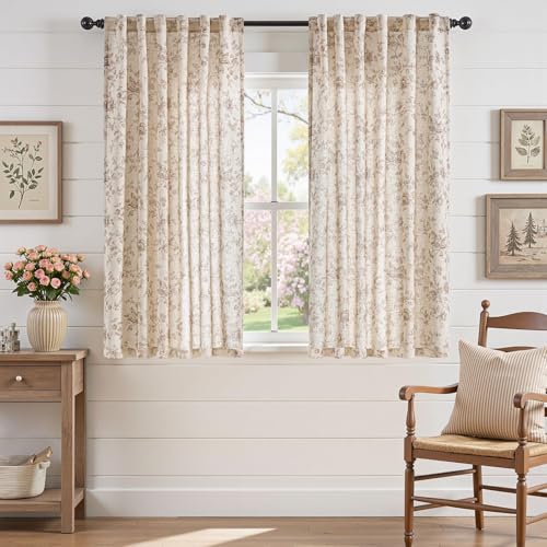jinchan Linen Curtains 63 inch Taupe Floral Farmhouse Rod Pocket 2 Panels - color: Amlie Taupe, size: 50"W x 63"L (Pack of 2)