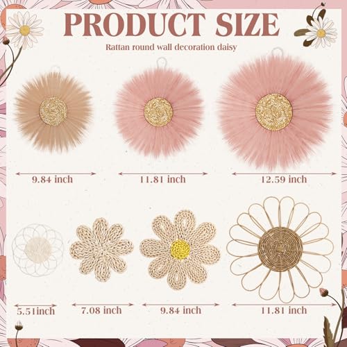 Chunful 7 Pcs Boho Wall Basket Decor Rattan Flower, Dark Pink - color: Dark Pink