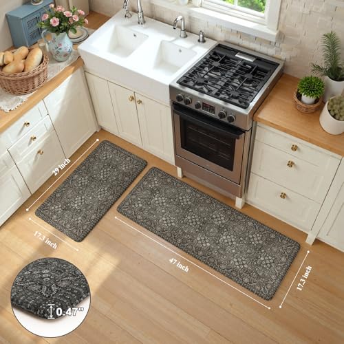 KIMODE Anti Fatigue Kitchen Mat 2PC,Waterproof Farmhouse Green Kitchen Rugs - color: Green/Grey, size: 47"L x 17.3"W x 0.47"Th + 29"L x 17.3"W x 0.47"Th
