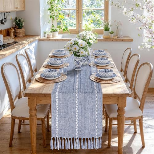 Dusty Blue Table Runner 15 x 72 Inches, Cotton Linen Farmhouse Dresser Runner Cover Top, Rustic Blue and White Coastal Table Decor for Dining Room, Kitchen, Wedding, Party, Fall Christmas Home Decor - color: Dusty Blue, size: 72 inch