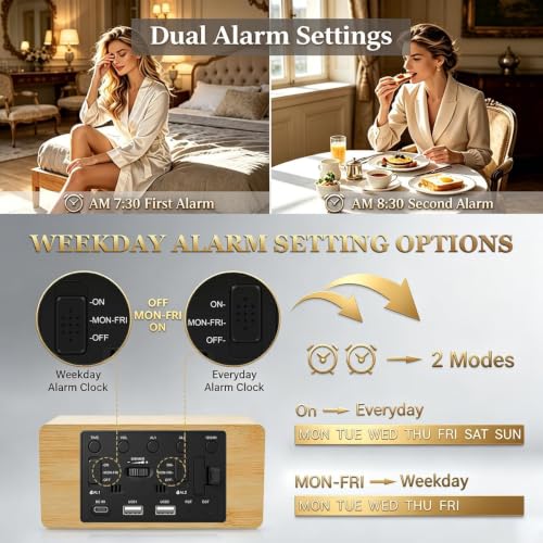 Andoolex Wooden Digital Alarm Clock with Wireless Charging, 0-100% Adjustable Brightness Dimmer and Alarm Volume, Weekday/Weekend Mode, Dual Alarm, Snooze, 12/24H, Wood LED Clock for Bedroom (Bamboo) - color: Bamboo