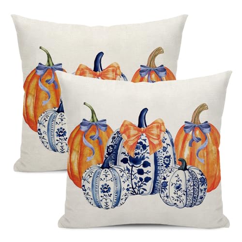 Fall Decor Pillow Covers 18x18 Pack of 2 Orange Blue Pumpkin Throw Pillow Covers Outdoor Decoration,Autumn Holiday Pumpkin Pillowcase Farmhouse Linen Decorative Cushion Case for Sofa Couch - color: Orange Blue Pumpkin 1, size: 18" x 18" (Pack of 2)