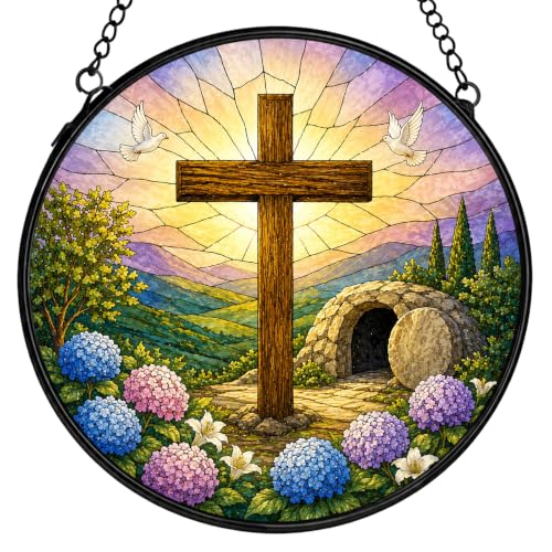 Cross Christian Stained Glass Window Hanging Decorations 7.9x7.9 - color: Crucifix-3