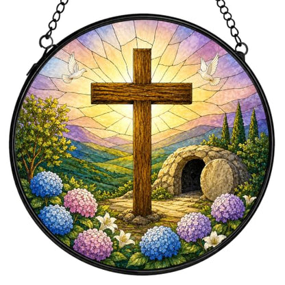 Cross Christian Stained Glass Window Hanging Decorations 7.9x7.9 - color: Crucifix-3