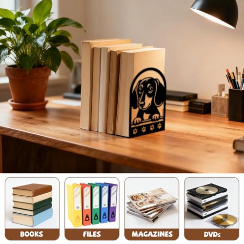 Peacoblue 5.3"x4.3"x7.9" Metal Bookends, Heavy Duty Book Ends for Shelves - style: Sausage Dog with Paw Prints