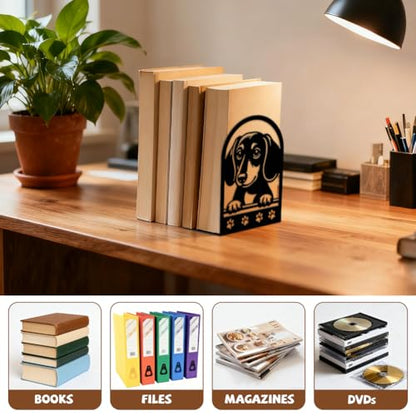 Peacoblue 5.3"x4.3"x7.9" Metal Bookends, Heavy Duty Book Ends for Shelves - style: Sausage Dog with Paw Prints