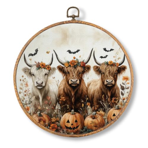 Halloween Highland Cow Pumpkin Round Wall Art, Halloween Picture Wall Decor - color: Highland Cow-2