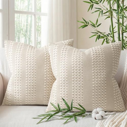 a moment 2 Pack Bamboo Fiber Pillow Covers - Waffle Weave, Ultra Soft & Breathable, Euro Shams Cotton Throw Pillow for Couch, Sofa, Bedroom Living Room 24x24 Inch Beige - color: Beige, size: 24" x 24" (Pack of 2)