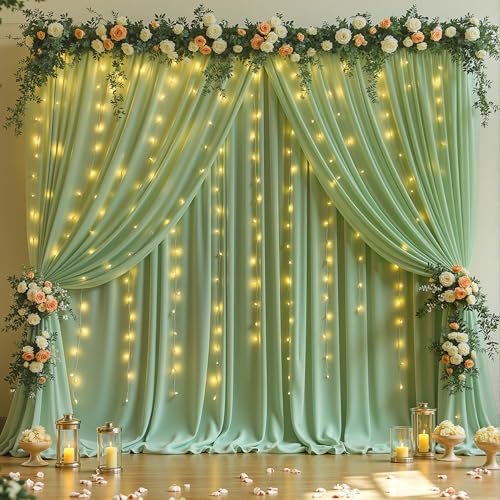 10 x 10 Sage Green Backdrop Curtain with Lights String for Party - color: Sage Green, size: W5' x H10'(2 panels)