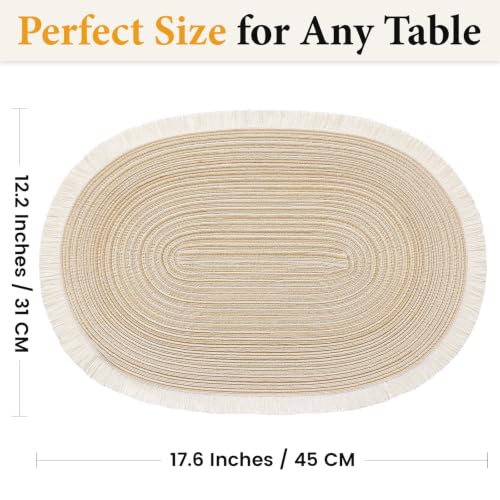 FAVE Boho Oval Woven Placemats Set of 6, Washable Table Mats with Tassels - color: Beige