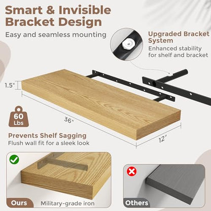 36 Inch Floating Shelves for Wall 2 Pack, 12"D Wood Grain Bathroom Shelves - color: (B.o.) Natural Oak Finish, size: 36"W x 12"D x 1.5"H, 2 Pack