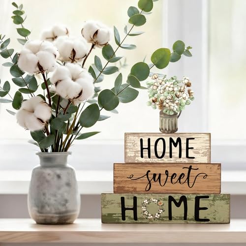 Cinnvoice 4 Pcs Spring Cotton and Eucalyptus Wooden Block Decor - style: Green Cotton